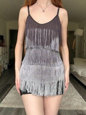 Zara Gradient Fringe Spaghetti Strap Tank Top - Charcoal to Light Gray